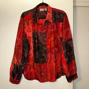 Chicos Abstract Pattern Silk Blouse Shirt Red Black Button Down Size 3 (XL) EUC